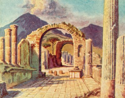 Pompeje, pohled na Vesuv (barevná litografie) od English School