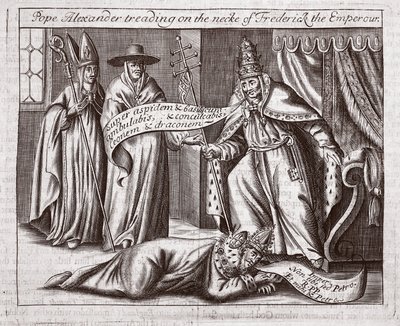 Papež Alexander šlape po krku císaře Fridricha, ilustrace ze Skutků a pomníků od Johna Foxe, deváté vydání, hospoda. 1684 od English School