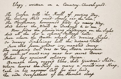 Část Graysových elegií, psaná básníkovým rukopisem, ilustrace z The Church of England: Spence-Jones, vyd. cca 1910 (sépiová fotografie). od English School