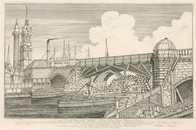 Část Old London Bridge, nakreslený v roce 1827 během stavebních prací od English School