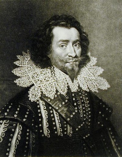 Portrét George Villierse, 1. vévody z Buckinghamu (1592-1628) vyrytý Richardem Earlomem (1743-1822) a Charlesem Turnerem (asi 1773-1857) z Illustrious Characters in British History (mezzotinta) (bw p od English School