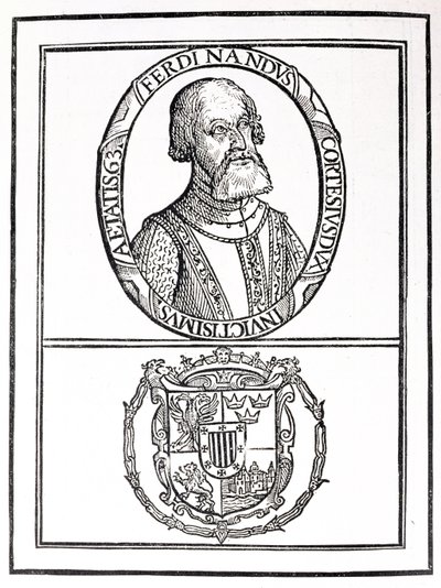 Portrét Hernana Cortese (1485-1547) a jeho paží, z „Příběhu a kritické historie Ameriky“, editoval Justin Winsor, Londýn, 1886 od English School