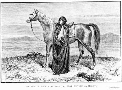 Portrét lady Anne Bluntové (1837-1917) v arabském kostýmu s arabským koněm, frontispis její knihy A Pilgrimage to Nejd, vydané v roce 1881. od English School