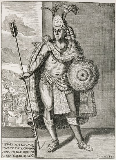 Portrét Montezumy II (1466-1520) z „Narativní a kritické historie Ameriky“, editoval Justin Winsor, Londýn, 1886 od English School