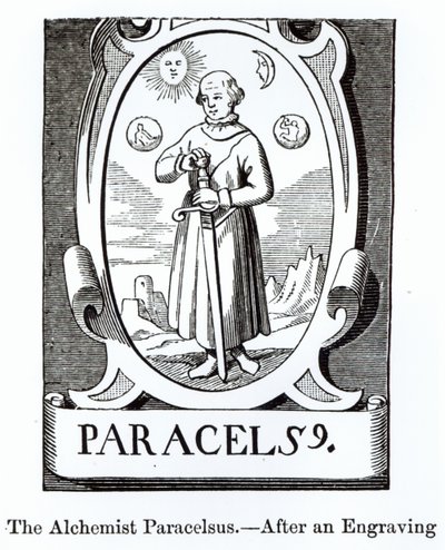 Portrét Paracelsa (Philippus Aureolus Theophrastus) (1493-1541), ilustrace z Vědy a literatury ve středověku a renesanci, napsal a vyryl Paul Lacroix, 1878 (woodc od English School