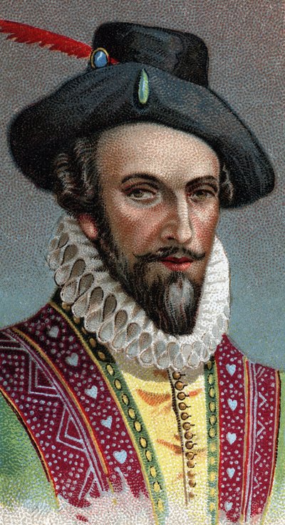 Portrét Raleigh, Sir Walter (1554-1618). Anglický námořník, průzkumník a makléř - Ze série "" Leaders of Men "" - Chromolitografie - Anglická škola, 20. století - od English School