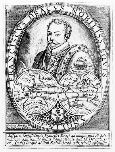 Portrét sira Francise Drakea (asi 1540–1596) ve věku 43 let, vyryl Jodocus Hondius (1567–1611) od English School