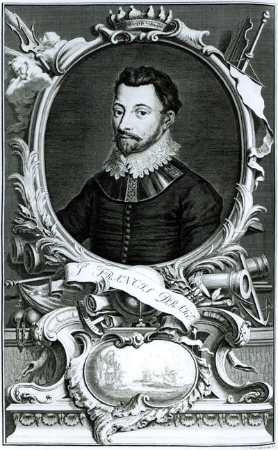 Portrét sira Francise Drakea (asi 1540-96) vyrytý Jacobusem Houbrakenem (1698-1780) (rytina) (černobílá fotografie) od English School