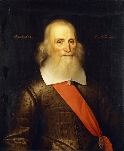 Portrét sira Olivera Cromwella, 84 let, poloviční délka, ve vyšívaném kabátci s bílým límcem a červenou šerpou, 1647 od English School
