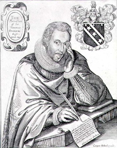 Portrét sira Thomase Overburyho (1581-1613) píšícího svůj epitaf, vyrytý Renoldem Elstrackem (1571-c.1630) 1613 (rytina) od English School