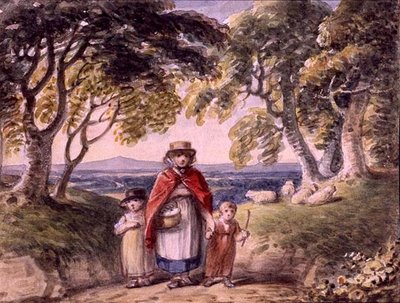 Portrét ženy a dvou dětí v lesní krajině, cca 1820 (akvarel na papíře) od English School