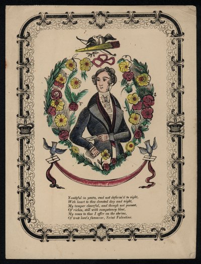Portrét pohledného muže, valentýnská báseň (barevná rytina) od English School