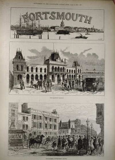 Portsmouth: The Railway Station and High Street, Government House, z „The Illustrated London News“, 8. dubna 1882 od English School