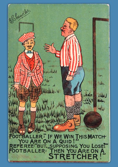 Pohlednice zobrazující karikaturu španělského fotbalisty od English School