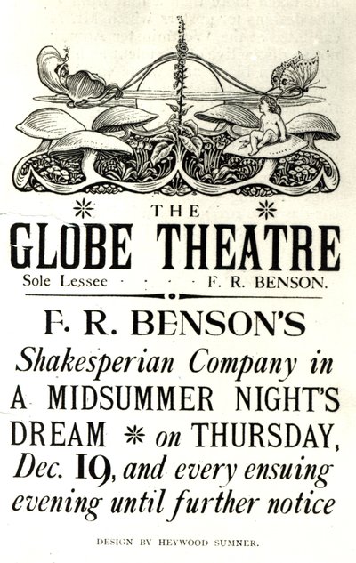 Reklamní plakát „Sen noci svatojánské“ od Williama Shakespeara (1564-1616) v podání Shakespearean Company F. R. Bensona v divadle Globe, kolem roku 1890 (tisk) od English School