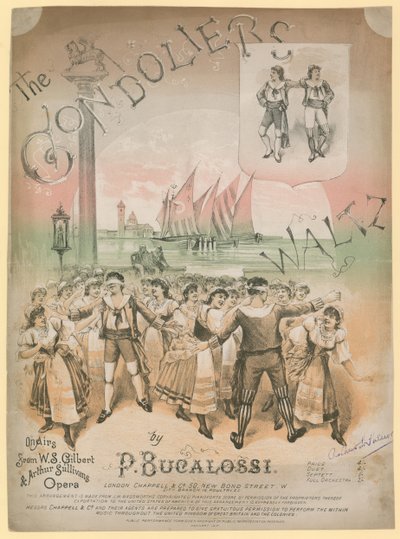 Plakát k The Gondoliers Waltz od P Bucalossiho ve vysílání opery W. S. Gilberta a Arthura Sullivanse od English School
