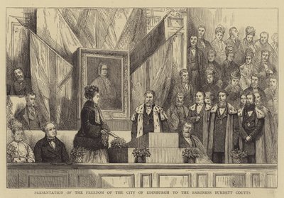 Prezentace svobody města Edinburghu baronce Burdett Couttsové (rytina) od English School