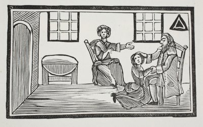 Pretty Bessie dostává otcovské požehnání, když jde hledat vlastní živobytí, ilustrace z Chap-books of the Eighteenth Century od Johna Ashtona, hospoda. 1882 od English School