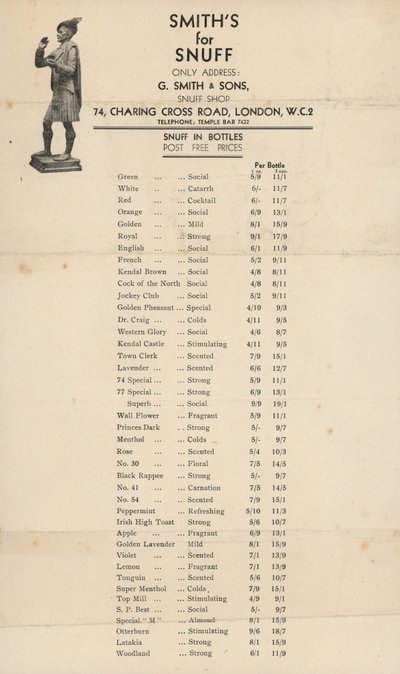 Ceník pro G Smith & Sons, Snuff Shop od English School