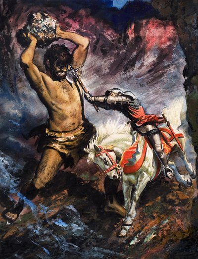Princ Artuš zabíjí obra, ilustrace z "Královny víl" (kvaš na papíře) od English School