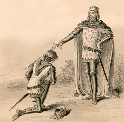 Princ Edward, Černý princ, je pasován na rytíře svým otcem, králem Edwardem III od English School