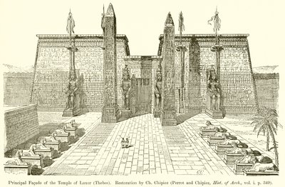 Hlavní fasáda chrámu v Luxoru (Théby). Restaurování Ch. Chipiez (Perrot a Chipiez, Hist. of Arch., sv. i. str. 349) od English School