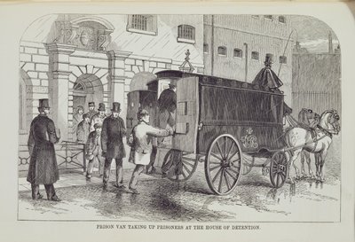 Prison Van přebírá vězně v Domě zadržování, z The Criminal Prisons of London a Scenes of Prison Life od Henry Mayhew (1812-87) a John Binny, 1862 od English School