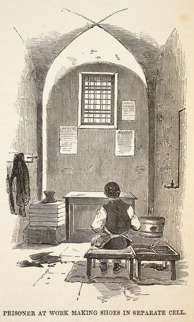 Vězeň při práci na výrobě bot v samostatné cele, ilustrace z knihy The Criminal Prisons of London and Scenes from Prison Life od Henryho Mayhewa a Johna Binnyho, vyd. 1862 od English School
