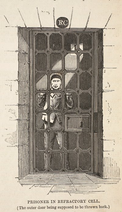 Vězeň v ohnivé cele (vnější dveře mají být odklopené), ilustrace z knihy The Criminal Prisons of London and Scenes from Prison Life od Henryho Mayhewa a Johna Binnyho, vyd. 1862 (e od English School