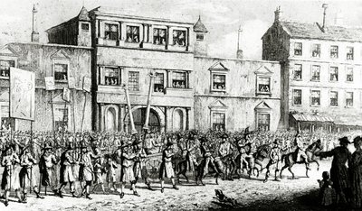 Procesí 1741 v Londýně zesměšňující svobodné zednáře, 1843 od English School