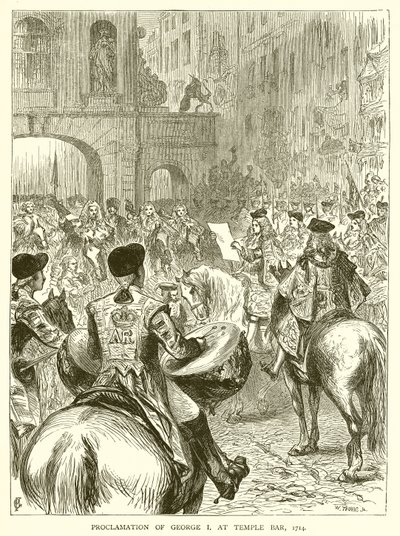 Provolání Jiřího I. v Temple Bar, 1714 od English School