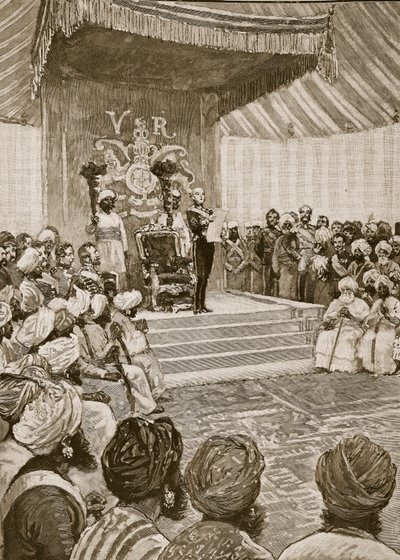 Prohlášení královny císařovnou Indie v roce 1877, ilustrace z Cassells Illustrated History of England (sépiová fotografie) od English School