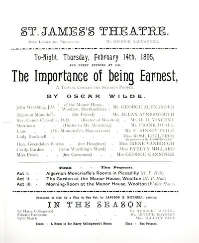 Program k představení The Importance of Being Earnest od Oscara Wilda (1854-1900) v St. James Theatre, 14. února 1895 od English School