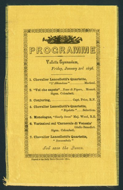Program pro Valletta Gymnasium, 3. ledna 1896 (tisk) od English School