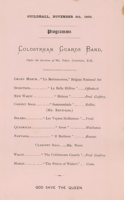 Program pro banket v Guildhall, Londýn, dne 9. listopadu 1866 od English School