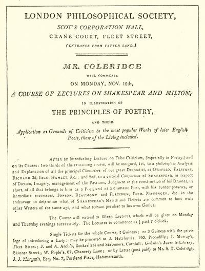 Program Coleridgeových přednášek z roku 1808 od English School