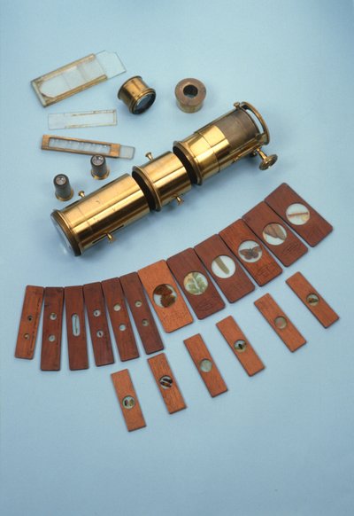 Projekční mikroskop, prodávaný firmou Watkins & Hill, Londýn, určený k použití s kouzelnou lucernou, spolu s 18 přírodovědnými sklíčky, cca 1870 (mosaz, sklo a dřevo) od English School