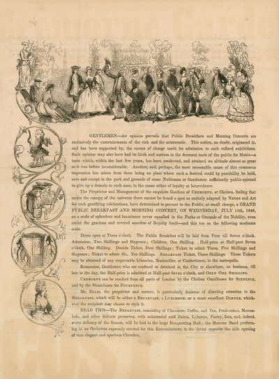 Propagační leták pro velkou veřejnou snídani a ranní koncert 15. července 1846 od English School