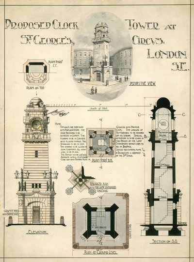 Navrhovaná hodinová věž v St Georges Circus, Londýn SE (inkoust na papíře) od English School