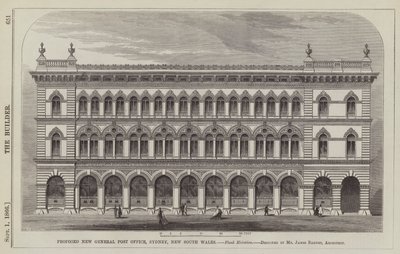 Navrhovaná nová hlavní pošta, Sydney, New South Wales, Flank Elevation, navržená panem Jamesem Barnetem, architektem (rytina) od English School
