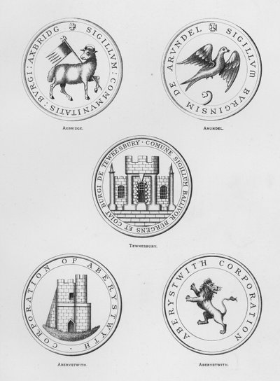 Veřejné zbraně: Axbridge; Arundel; Tewkesbury; Aberystwith (rytina) od English School