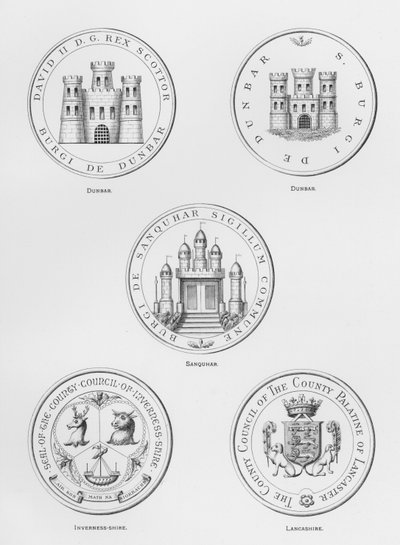 Veřejné zbraně: Dunbar; Sanquhar; Inverness-shire; Lancashire (rytina) od English School