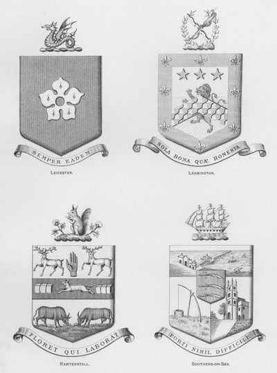 Veřejné zbraně: Leicester; Leamington; Rawtenstall; Southend-on-Sea (rytina) od English School