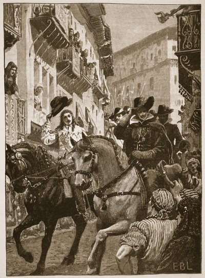 Veřejné přijetí prince Charlese v Madridu, ilustrace z Cassell Illustrated History of England (sépiová fotografie) od English School