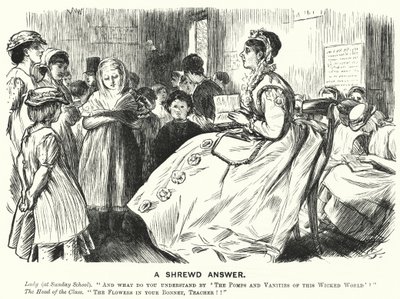 Punch cartoon: A Shrewd Answer - Scéna ve viktoriánské nedělní škole (rytina) od English School