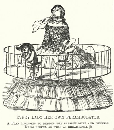Punch cartoon: Every Lady Her Own Perambulator - móda pro dámské kruhové sukně (rytina) od English School