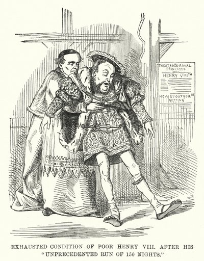 Punch cartoon: Vyčerpaný stav chudáka Jindřicha VIII. po jeho bezprecedentním běhu 150 nocí (rytina) od English School