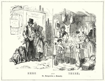 Punch cartoon: Tady a tam, aneb Emigrace a náprava (rytina) od English School