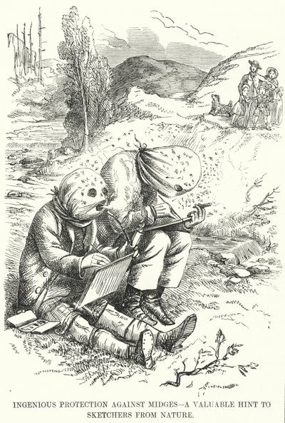 Punch cartoon: Geniální ochrana proti pakomárům - cenný tip pro skicáře z přírody (rytina) od English School