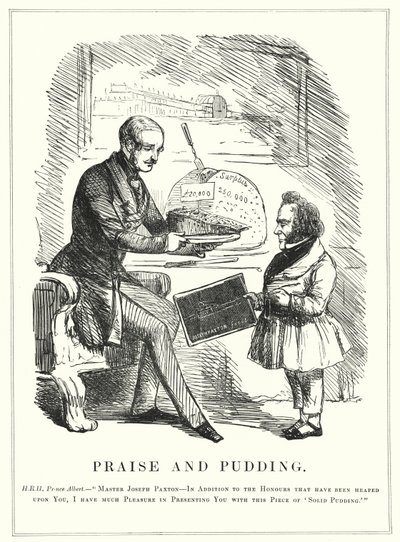 Punch cartoon: Chvála a pudink: Princ Albert odměňuje Josepha Paxtona za navržení Crystal Palace pro úspěšnou Velkou výstavu z roku 1851 v Hyde Parku v Londýně (rytina) od English School